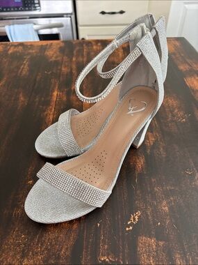 Windsor Silver Rhinestone Ankle-Strap Block Heels